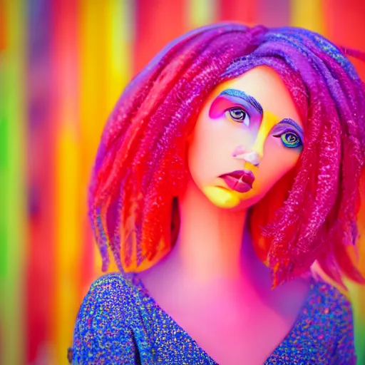 Prompt: a beautiful female made out of plastic, full body, colourful background, 5 0 mm lens, f 1. 4, sharp focus, ethereal, emotionally evoking, head in focus, volumetric lighting, 8 k