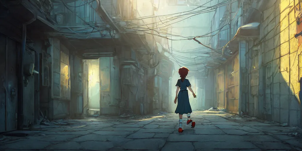 Prompt: a wholesome animation key shot of a young woman walking in an abandoned alleyway, medium shot, waist up, studio Ghibli, Pixar and Disney animation, sharp, very detailed, high resolution, Rendered in Unreal Engine 5, anime key art by Greg Rutkowski, Bloom, dramatic lighting