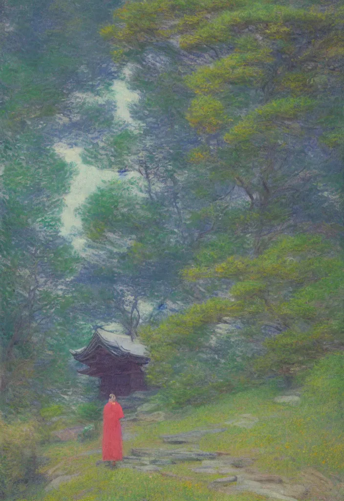 Image similar to tiny character in front of a huge japanese temple in the mountain. gorgeous epic nature, lofi, vivid colors, amazing light, by jeremy lipkin, by claude monet, heavily inspired by makoto shinkai, kandinsky touches, masterpiece, multiple brush strokes, impressionist style