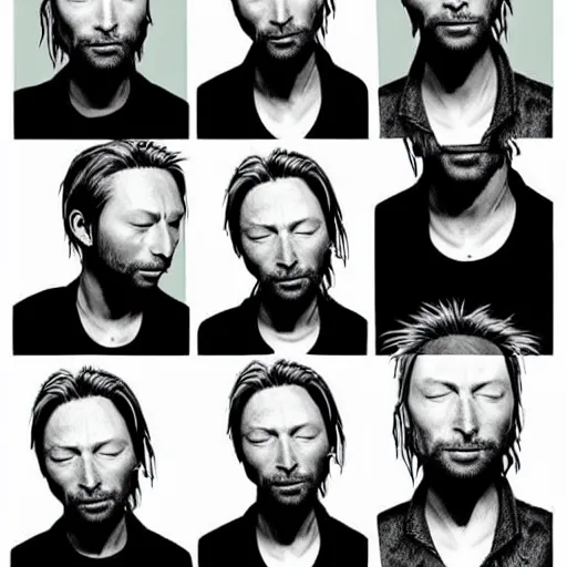 Prompt: overlapping sheets of random thom yorke, hyper realistic, many very random variations of thom yorke, various emotions, various poses, high quality photographs, mixed styles, intricate details, beautiful lighting