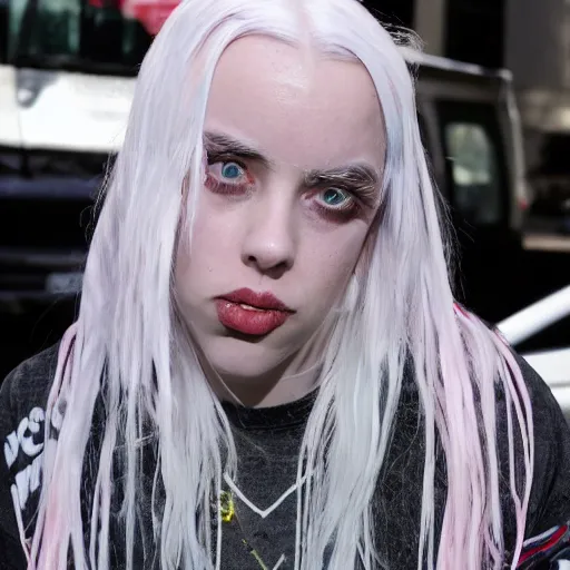 Image similar to old billie eilish begging for coke on streets