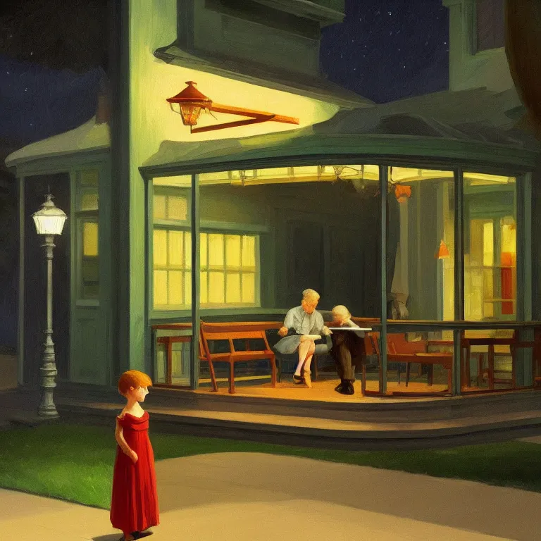 Image similar to a storybook illustration of anthony hopkins smoking at night, fireflies, quiet night scene painted by Edward Hopper masterpiece, intricate, elegant, fantasy, highly detailed, digital painting, concept art, sharp focus, artstation