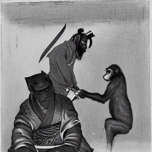 Prompt: a monkey cutting a human samurai's hair.