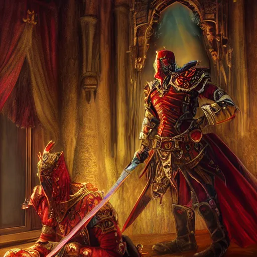 Image similar to blood knight, fantasy art, located in a castle, morning sunlight through the window, decorated, high quality, highly detailed, closeup