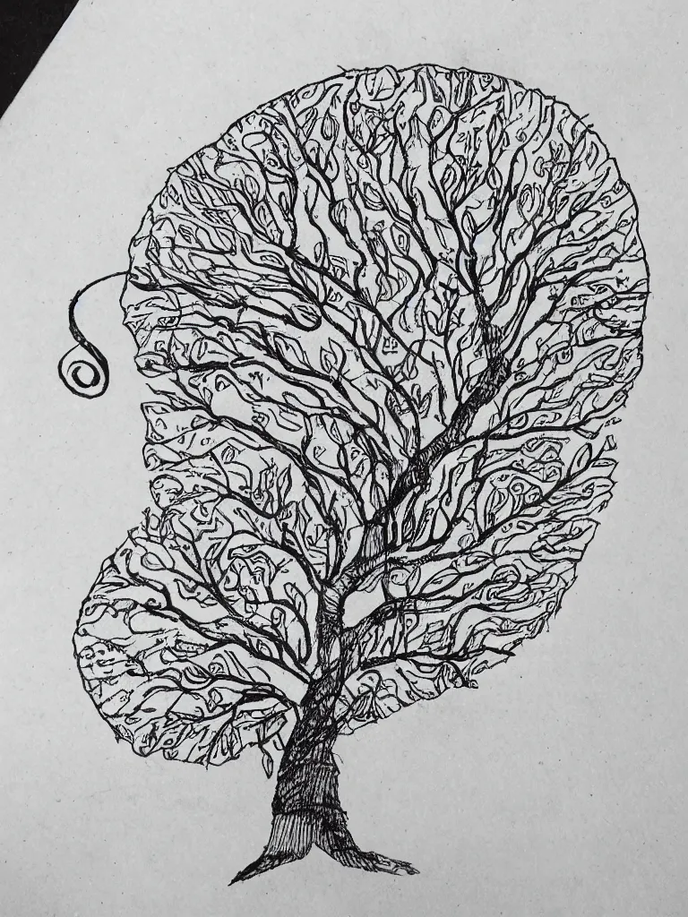 Image similar to an ink pen drawing of an acorn that turns into a tree in the shape of a treble clef with a few scattered leaves, simple and messy