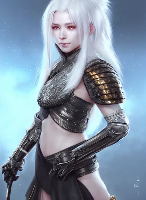 Image similar to warrior, fur - lined armor!!! beautiful and elegant white hair female!! gorgeous ayes!! character concept art, sharp focus, octane render! unreal engine 5! highly rendered!! trending on artstation!! detailed linework!! illustration by artgerm, wlop, and chie yoshii