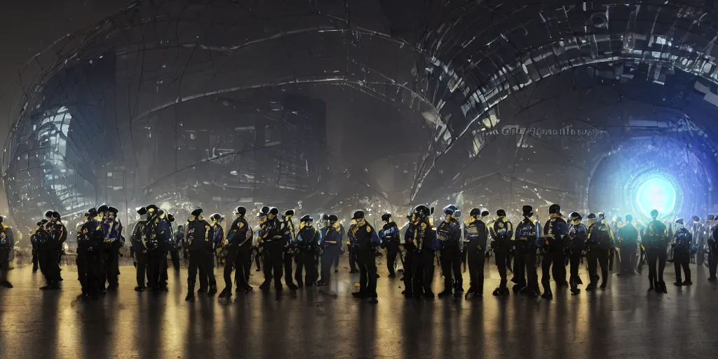 Image similar to policemen protect and guard a huge spiral - shaped luminous object right in the center of the city from protesting people, night, rain and light fog, professional lighting, concept art in 3 d, high detail, professional lighting