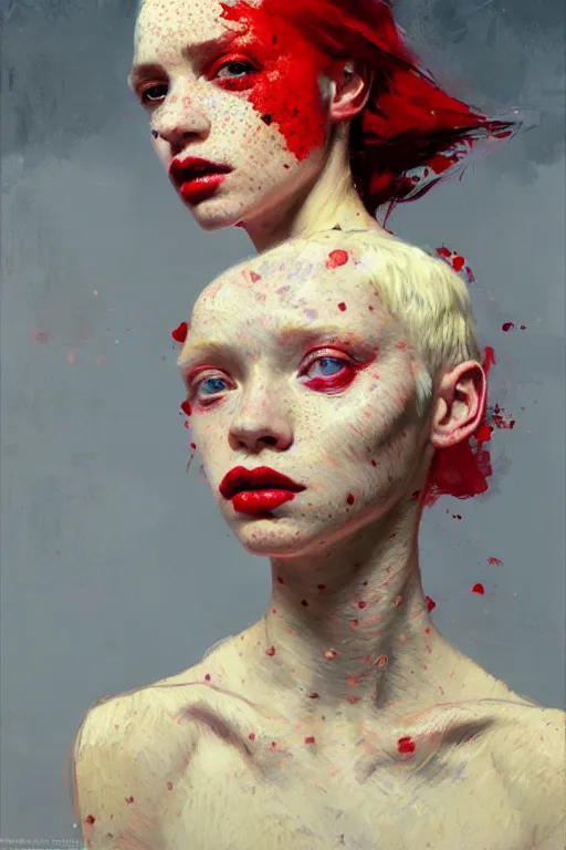 Image similar to portrait of a beautiful girl, albino, lots of dark freckles on the face, shades of red, beautiful face, rule of thirds, intricate outfit, spotlight, by greg rutkowski, by jeremy mann, by francoise nielly, by van gogh, digital painting