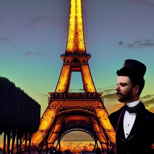 Prompt: synthwave version of 1 9 th century paris, eiffel tower on the background, people wearing glowing victorian clothes