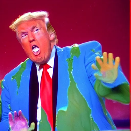 Prompt: donald trump getting slimed! on nickelodeons double dare