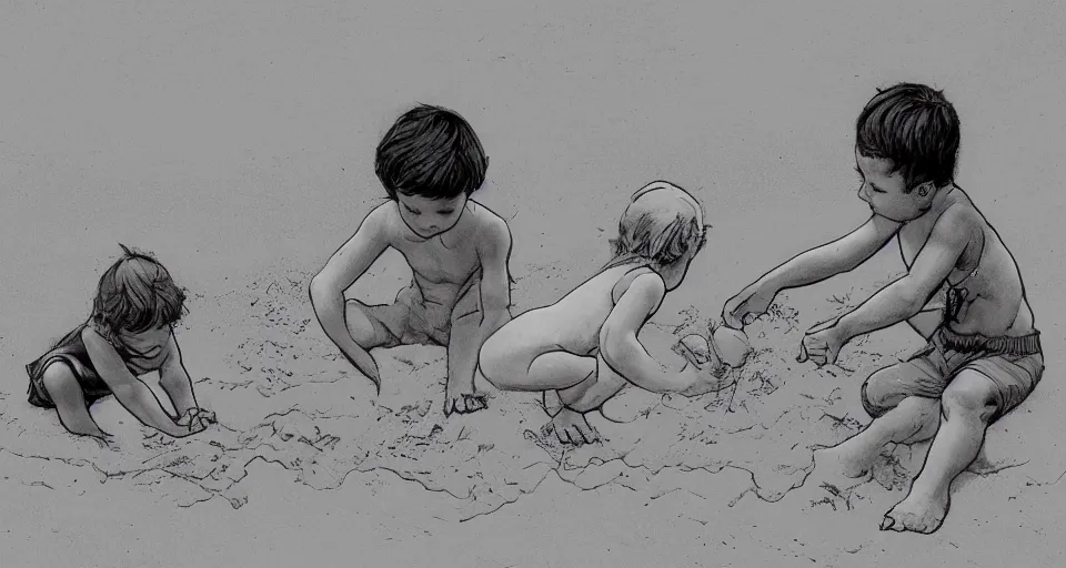 Image similar to little boy and little girl play with sand in beach , Line art, b&w, high quality, how to draw, by David Finch , trending on artstation