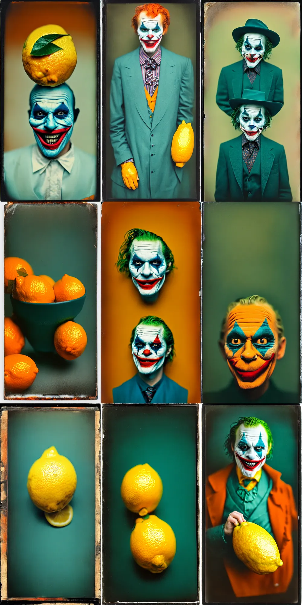 Image similar to kodak portra 4 0 0, wetplate, 8 k, shot of a highly detailed, britt marling style, colour still - life portrait of a lemon looks like 1 9 9 9 joker, teal and orange, muted coloures