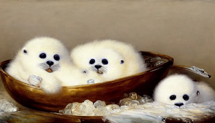 Image similar to highly detailed painting of cute furry white baby seals cuddling up in a fruit bowl with ice by william turner, thick brush strokes and visible paint layers, 4 k resolution