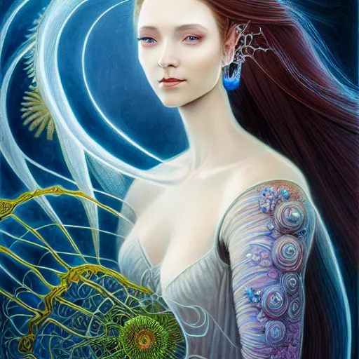 Image similar to portrait of a young female wizard in flowing sensual dress, arrogant, long fine flowing hair, delicate, looking at camera, slight nerdy awkward smile, realistic face, stylish, elegant, grimdark fantasy, flowers, mysterious, extremely detailed painting inspired by Gerald Brom and Ernst Haeckel and Victor Nizovtsev, studio lighting