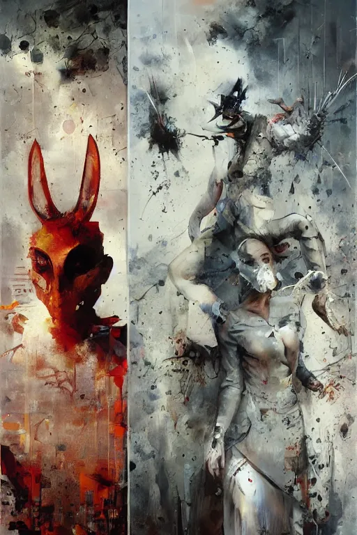 Prompt: the people are two - faced and hide behind masks of their own making, by ryohei hase, by john berkey, by jakub rozalski, by john martin