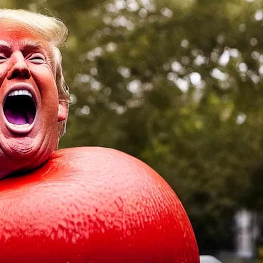 Prompt: portrait photo of Donald Trump finding a giant red mushroom, exhilarated, portrait, closeup. mouth open, 30mm, bokeh