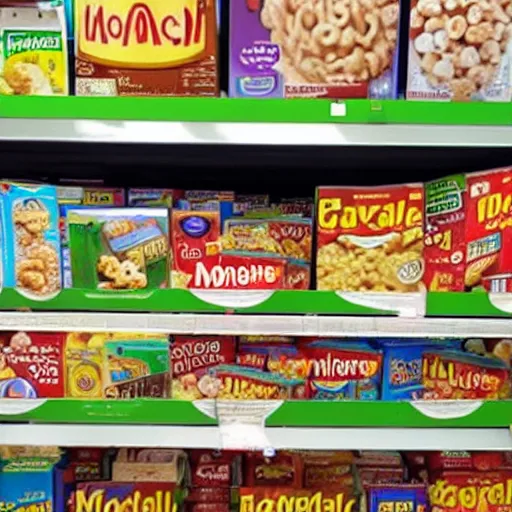 Image similar to mcdonald's cereal box on a grocery store shelf