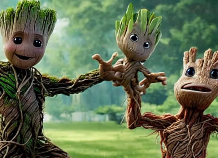 Prompt: film still of young groot having a dance party with a chicken in the new avengers movie, 4 k,