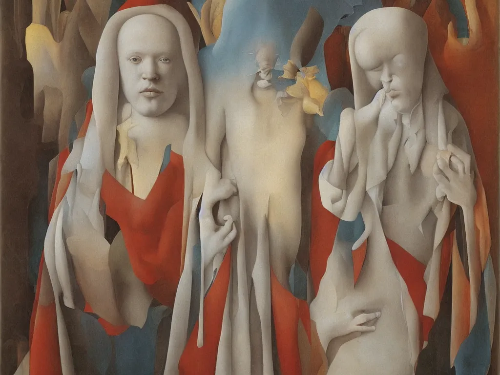 Image similar to portrait of albino mystic with blue eyes, with beautiful Cycladic marble sculpture. Painting by Jan van Eyck, Audubon, Rene Magritte, Agnes Pelton, Max Ernst, Walton Ford