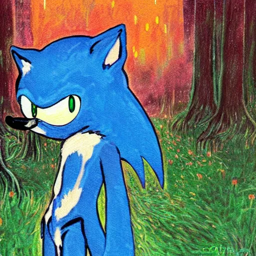 Prompt: sad ominous painting of detailed sonic the hedgehog in the woods at night, in the style of studio ghibli and moebius and claude monet and vincent van gogh