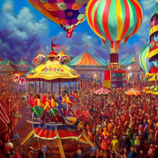 Image similar to detailed oil painting of a carnival with skinny clowns, crazy rides, and hot air balloons, trending on artstation, deep colors, hard light, octane rendered, masterpiece