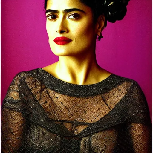 Image similar to salma hayek portrait, style by frida kahlo, art deco, portrait,