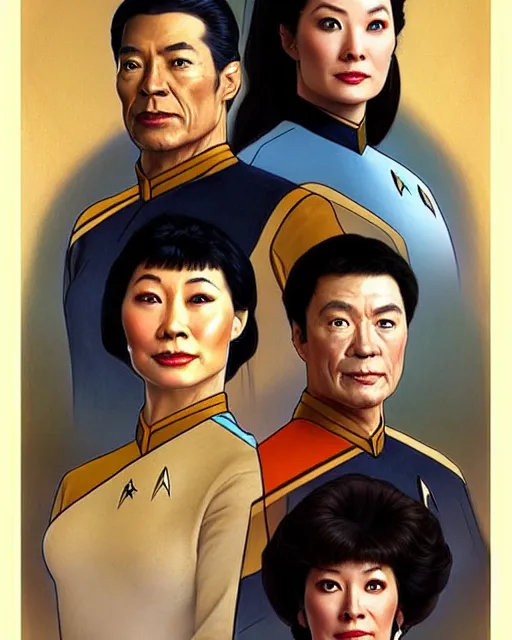 Prompt: Portrait of Star Trek TNG cast but they are chinese, real life skin, intricate, elegant, highly detailed, artstation, concept art, smooth, sharp focus, art by artgerm and greg rutkowski and alphonse mucha