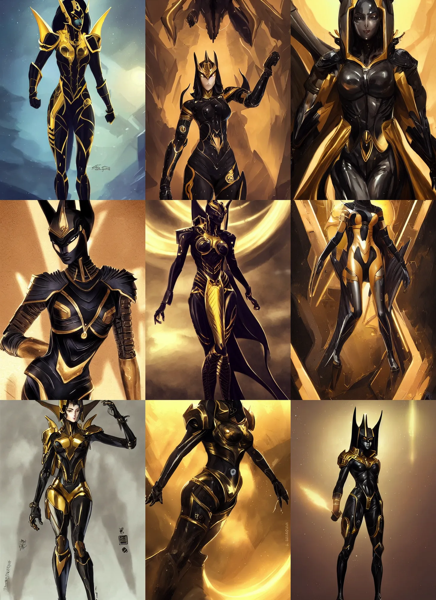 Prompt: female anubis wearing black and gold cybertech armor. hourglass figure, character design by charlie bowater, ross tran, artgerm, and makoto shinkai, detailed, inked, western comic book art