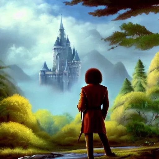 Prompt: Bob Ross in front of the Castle of Distant Ideal, fantasy art, 8k HD wallpaper, professional art, Wes Anderson, Camelot, Arthurian legend, Featured on art