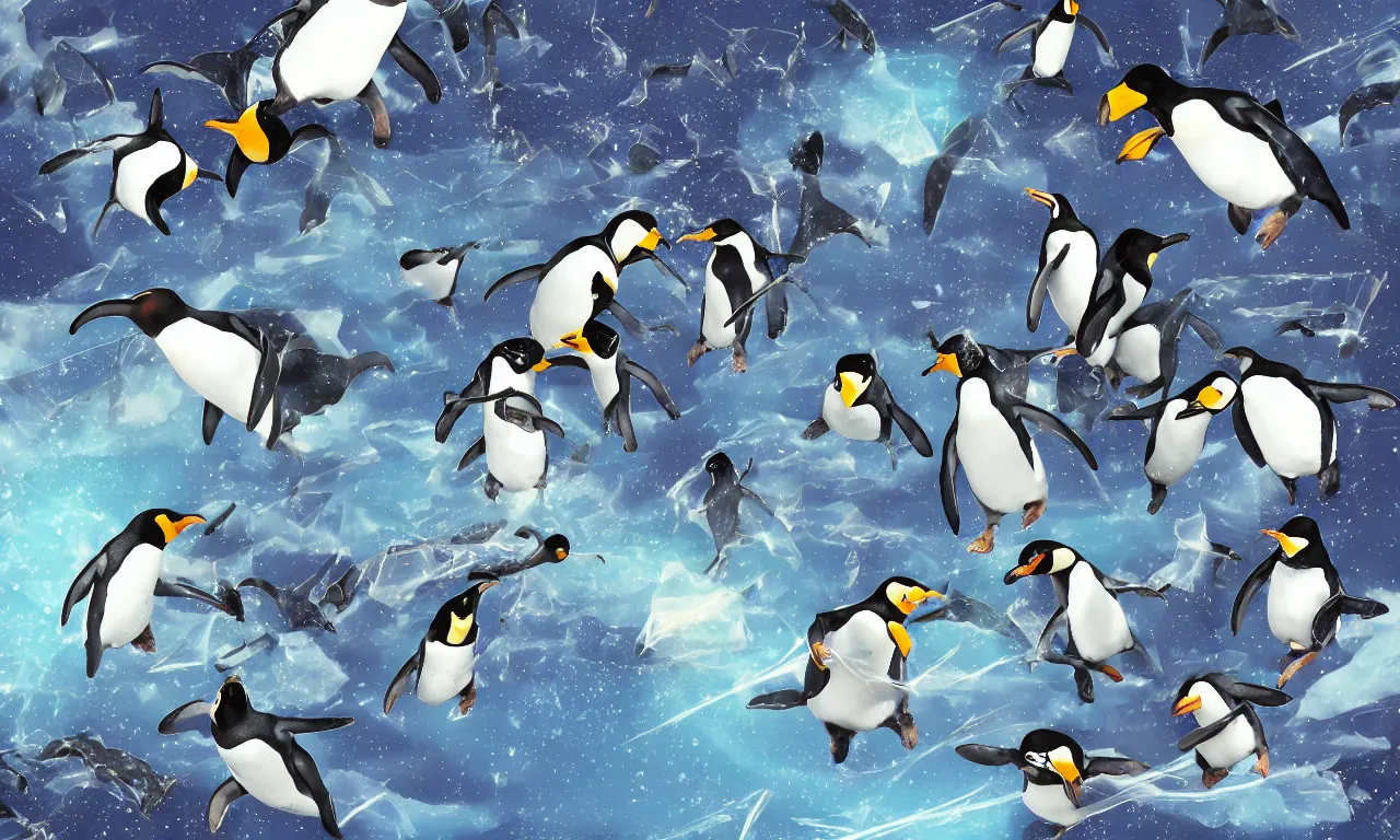 Prompt: busy penguins ripping space, rocks and scissors and interconnected high speed rails, digital art, 3 d illustration, transparent backround