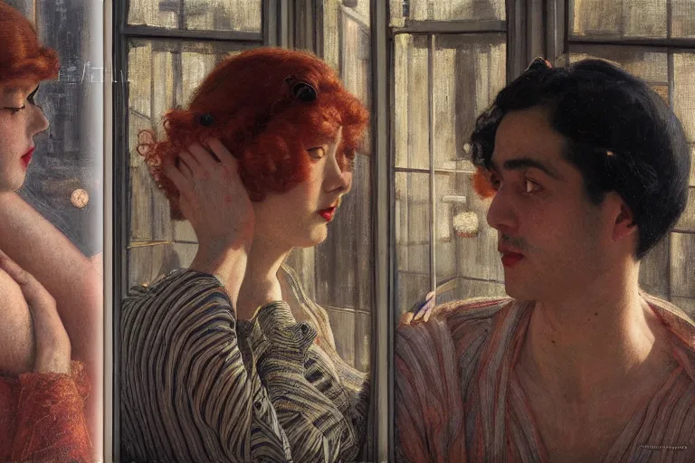 Image similar to detailed people in 1 9 2 0 s movie theatre, exterior greenhouse, portrait face, in the style of frantisek kupka, intricate, miles johnston, keita morimoto, kuroda seiki, cynical realism, ozabu, john william godward, painterly, yoshitaka amano, moebius, beautiful lighting