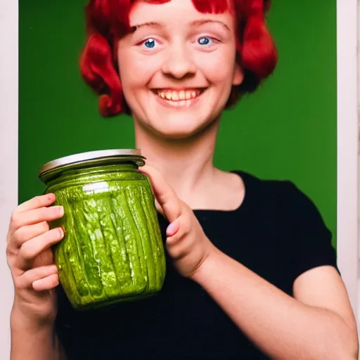 Prompt: high gloss photo of a smiling girl with short grey red hair proudly holding a fido jar into the camera. close up. the fido jar is filled with big green pickles, by dianne arbus, by irving penn