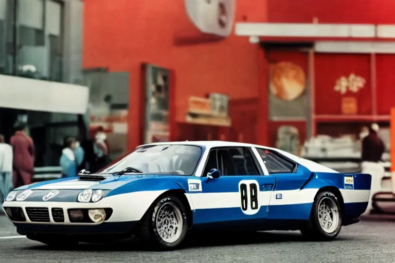 Image similar to single racecar 1968 Audi Quattro, BMW M1, movie still, vintage footage on Tokyo streets, volumetric lighting, f8 aperture, cinematic Eastman 5384 film