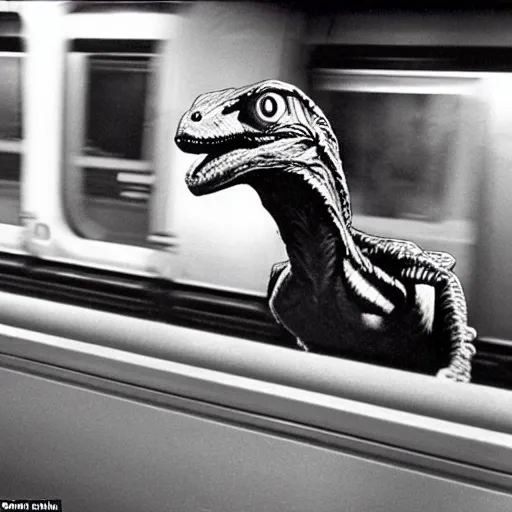 Image similar to a velociraptor riding the subway, new york, 1 9 9 0