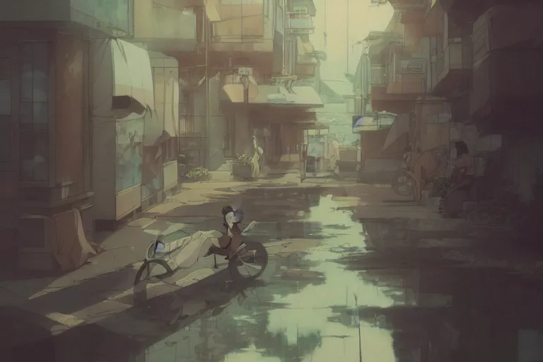 Prompt: a japanese anime traditional lo - fi environment loop, moody neutral hipster tones, joy gaze, cel - shaded, classical animation, cinematic, edge - to - edge print, rendered by studio ghibli, artgerm, alyssa monks, andreas rocha, david kassan, neil blevins