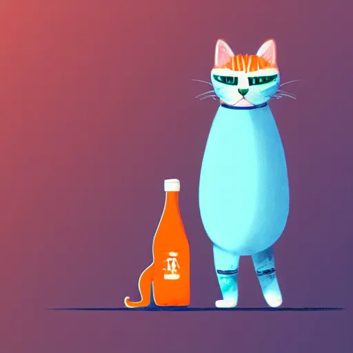 Image similar to a cat standing next to a bottle of medicine. orange cat. animal. digital art. artstation. illustration. wide image.