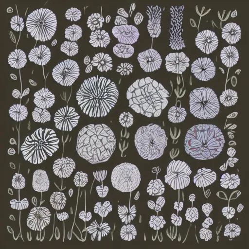 Image similar to in the style of neurographic drawing of a field of flowers