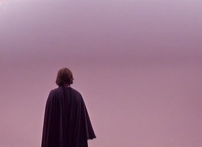 Image similar to screenshot portrait of Luke skywalker kneels before a strange jedi oracle in a foggy pink land. still from the 1983 film directed by Alejandro Jodorowsky. holy mountain, Photographed with Leica Summilux-M 24 mm lens, ISO 100, f/8, Portra 400