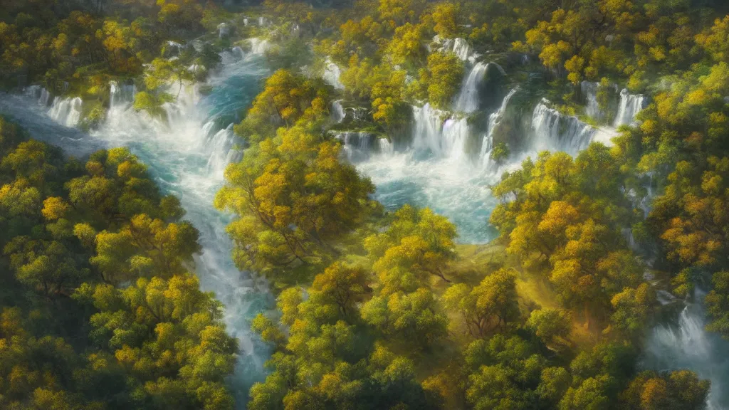 Image similar to The most beautiful panoramic landscape, oil painting, where a giant dreamy waterfall creates a river, the trees around are starting to bloom in a variety of colors, by Greg Rutkowski, aerial view