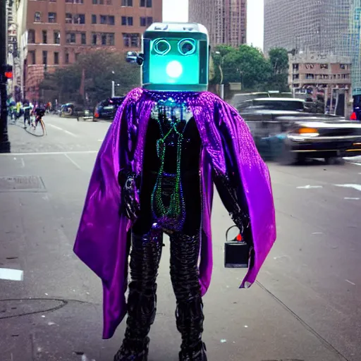 Image similar to nyc street photo, a futuristic android with limbs made out of stretchy rubber tubing mixed with shiny colorful giant intricate detailed chrome gauntlets and chest piece and discoball mask, wearing a long purple velvet cape, talking on a payphone, fog and mist