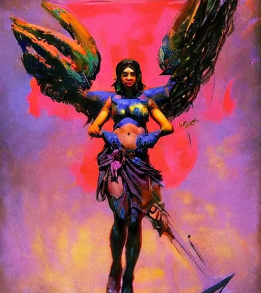 Image similar to portrait of strong iranian female chaos angel, beautiful! coherent! by frank frazetta, by brom, strong line, vivid neon color, shining metal power armor, iron helm, high contrast, maximalist