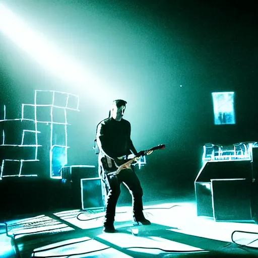 Image similar to Vivid Trent Reznor smashing guitars, group of people on stage playing instruments, elaborate stage effects, dust, smoke, giant LED screens, colored projections, ultrafine detail, cybersuit, glowing thin wires, smoke, high contrast, projections, holography, volumetric lighting