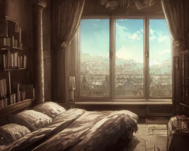 Image similar to environmental illustration of an interior wide angle shot of a bedroom overlooking the streets in a late renaissance city | | anime key visual, official media, illustrated by wlop, extremely detailed, 8 k, trending on pixiv, cinematic lighting, beautiful