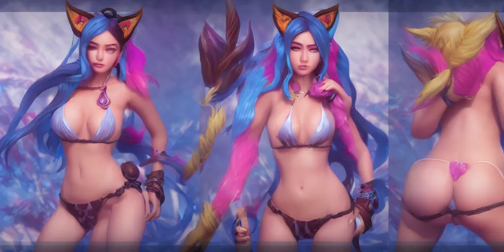 Prompt: character sheet render of pool party Ahri (wild rift). 3d, octane render, realistic, highly detailed, trending on artstation