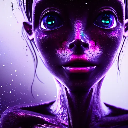 Image similar to a beautiful feminine alien with thick black sludge seeping from her eyes, screaming while being consumed by darkness, iridescent eyes, dreamlike, intricate detail, 3d render, octane render, trending on artstation, 4k, hd