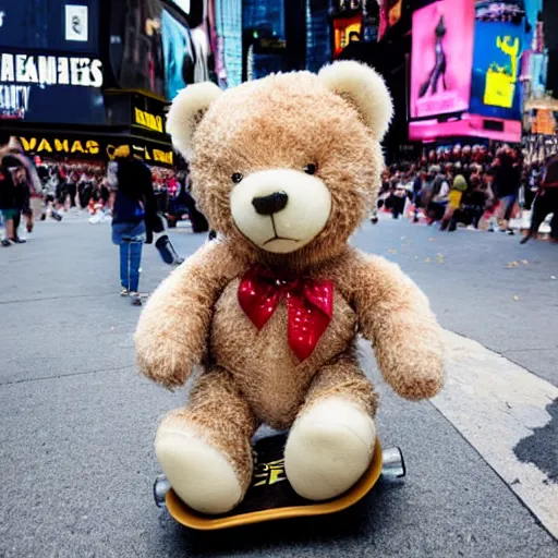 Image similar to A photo of a teddy bear on a skateboard in Times Square