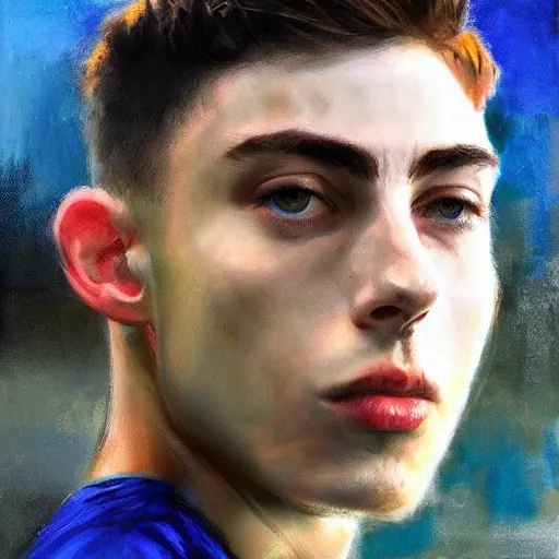 Image similar to attractive kai havertz wearing blue chelsea shirt by ruan jia, portrait