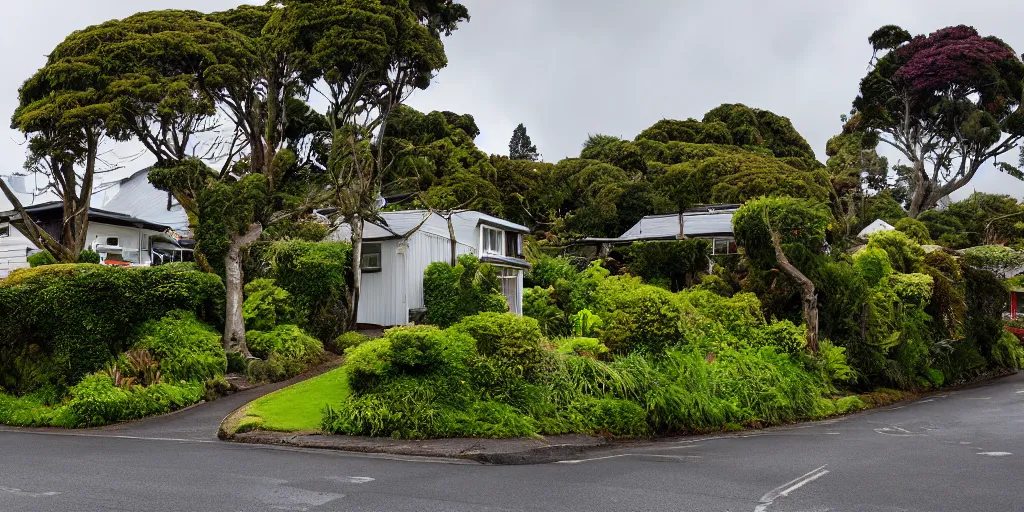 Prompt: a suburban street in wellington, new zealand. quaint cottages interspersed with an ancient remnant lowland podocarp broadleaf forest full of enormous trees with astelia epiphytes and vines. rimu, kahikatea, cabbage trees, manuka, tawa trees, rata. stormy windy day. landscape photography 4 k. stream in foreground