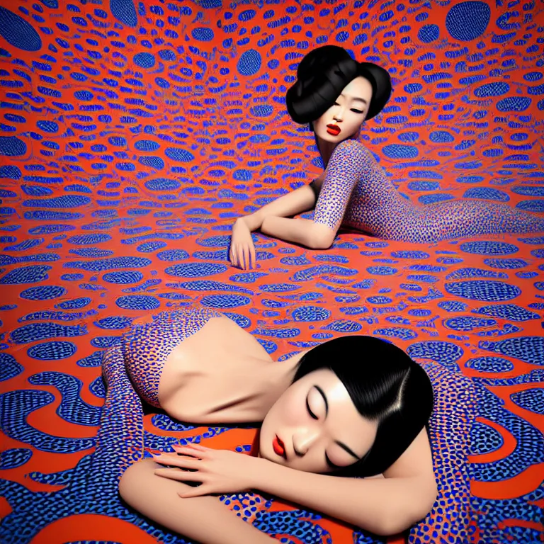 Image similar to hyperrealistic detailed image of a geisha laying in a art installation room, hd smooth interior by yayoi kusama, part by kei mieno, part by ross tran, dark art by james jean, ultra realistic, highly detailed, life like face, detailed body, 8 k, 3 d render by roger magrini, very cohesive, masterpiece