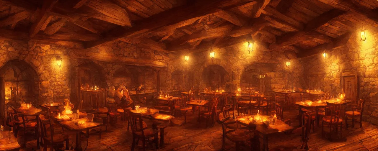 Image similar to Medieval tavern interior cozy in the style of michael whelan, warm colors, firelight, 4:3 aspect ratio, hyper realistic, fantasy art, artstation